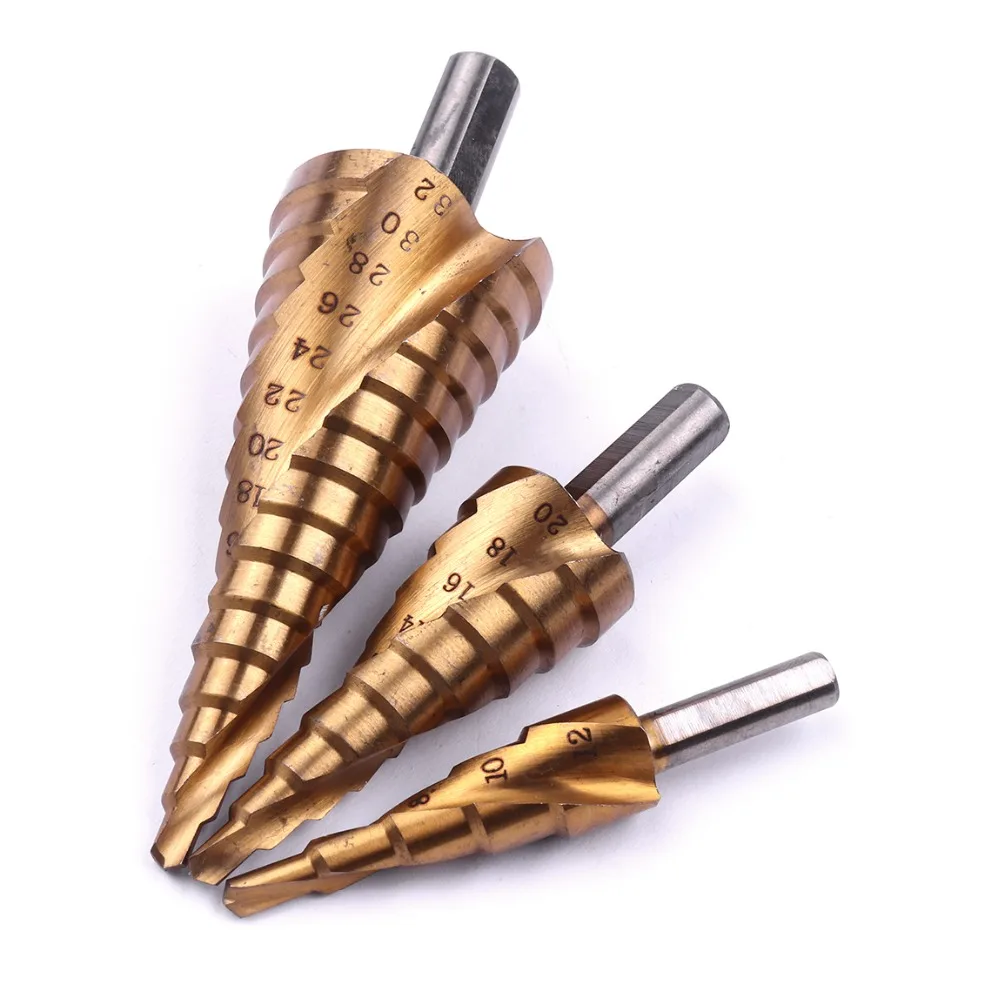 High Quality 3Pcs/Set 4 12mm 4 20mm 4 32mm Spiral Groove Stepped Drill