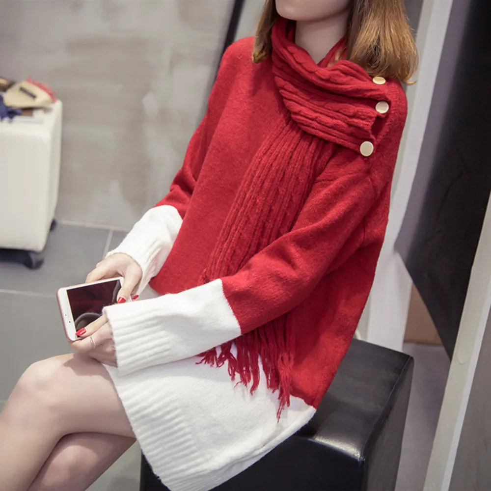 Plus Size Sweater Woman Winter Long Sleeve Scarf Collat Solid Splicing With Buttons Chompas Para Mujer De Invierno Y2 | Женская одежда