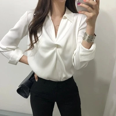 Новое поступление, женская шифоновая Уютная рубашка с v-образным вырезом, повседневный свободный офисный Женский Топ с длинным рукавом, модная женская блуза T91013R