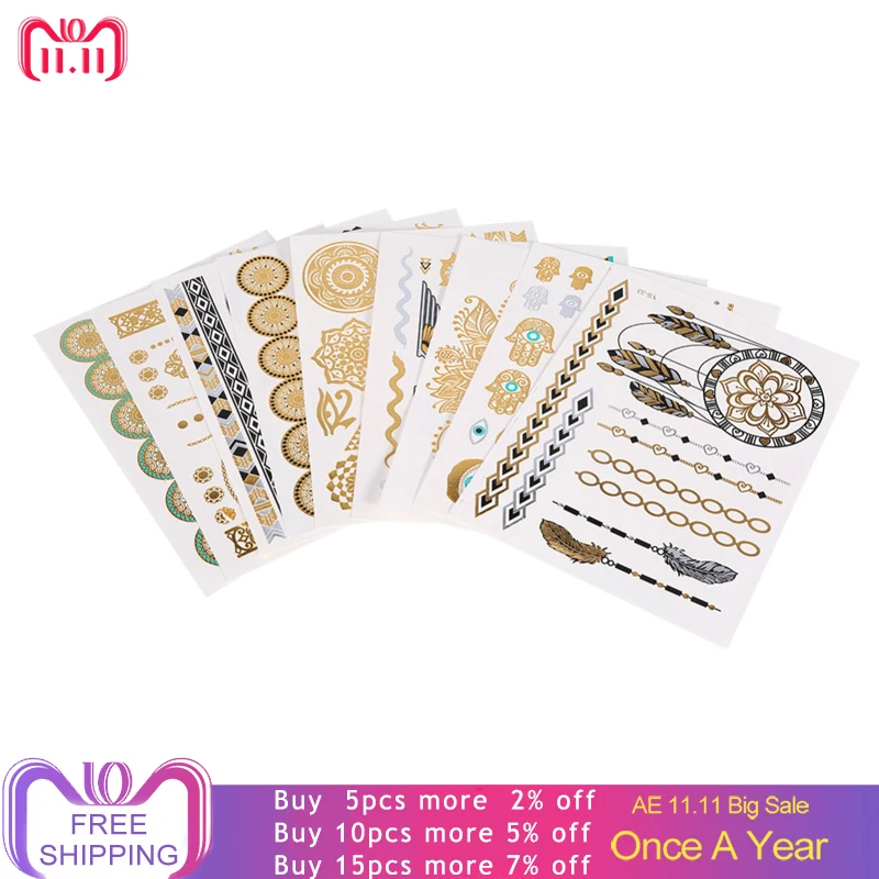 

9 Sheets Temporary Tattoo Sticker Metallic Golden Waterproof Silver Black Flash Fake Gold Tattoos Stickers Decal Body Art