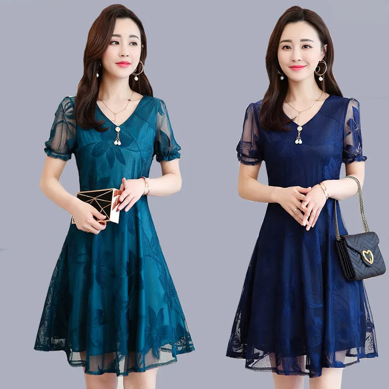 

2019 Summer New Fashion casual Mother Clothing Lady lace bodycon Dress vestidos Oversized Short Sleeve Women elegant Dresses