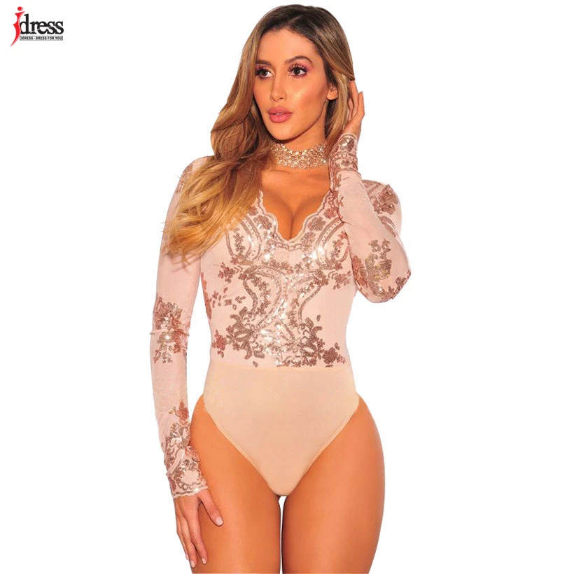 IDress 2018 Sexy Bodysuit Women Long Sleeve Mesh Bodysuit Beachwear Top V Neck Lace Sequined Bodysuit Rompers Women`s Jumpsuit (4)