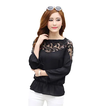 

Fashion Women Summer Loose Casual Chiffon Long Sleeve Lace T Shirt Tops Blouse