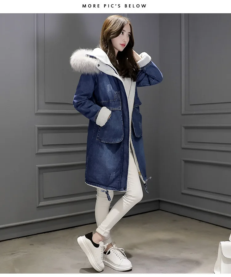 Зимнее пальто с капюшоном и воротником из натурального меха размера плюс M-3XL, женская теплая Плотная джинсовая куртка с длинным рукавом, женские джинсовые пальто с натуральным мехом