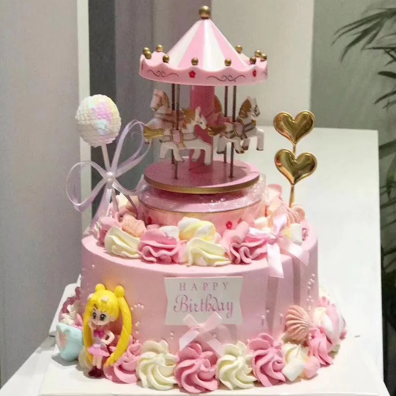 

Musical Carousel Cake Toppers Newborn baby boy first birthday girl cake decorating supplies Wedding music box cake topper