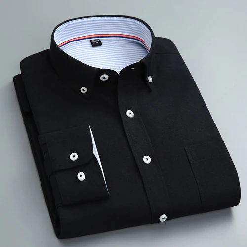 Мужская однотонная оксфордская Базовая рубашка с длинным рукавом, с левым нагрудным карманом, Мужская умная Повседневная приталенная Рабочая Рубашка на пуговицах - Цвет: Черный