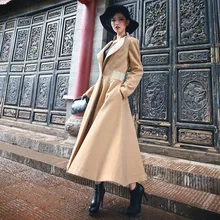 2016 Women’s New Fashion Ultra Long Winter Coat Solid Color Turn-down Collar Vintage Female Overcoat Single Button Woolen Jacket