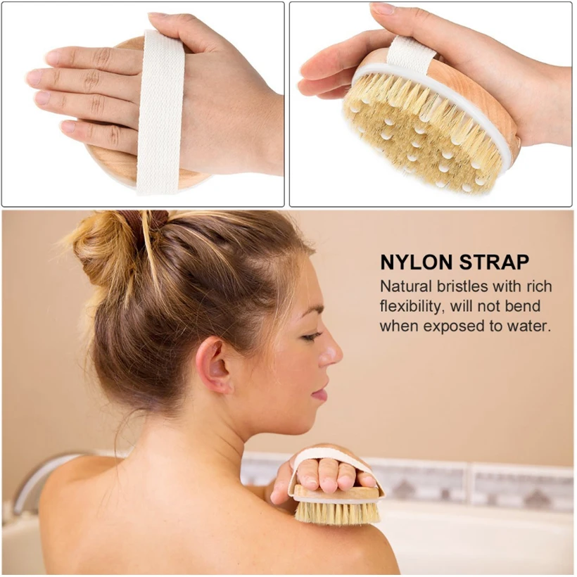 TREESMILE Wooden Massage bath brush Body Brush for Dry Skin Shower Back Scrubber Detachable Boar Bristles Bath Brush With D30