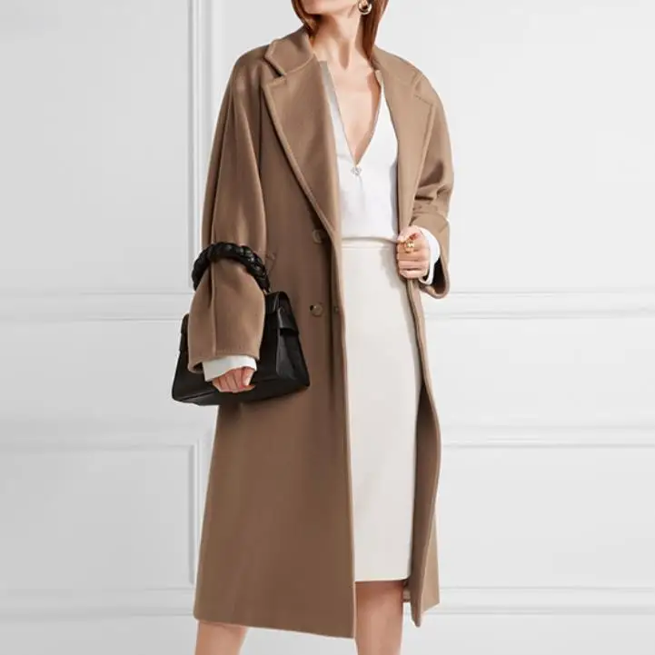Зимнее женское Шерстяное Пальто элегантное теплое длинное офисное пальто верблюжьего цвета двубортное модное женское пальто с поясом