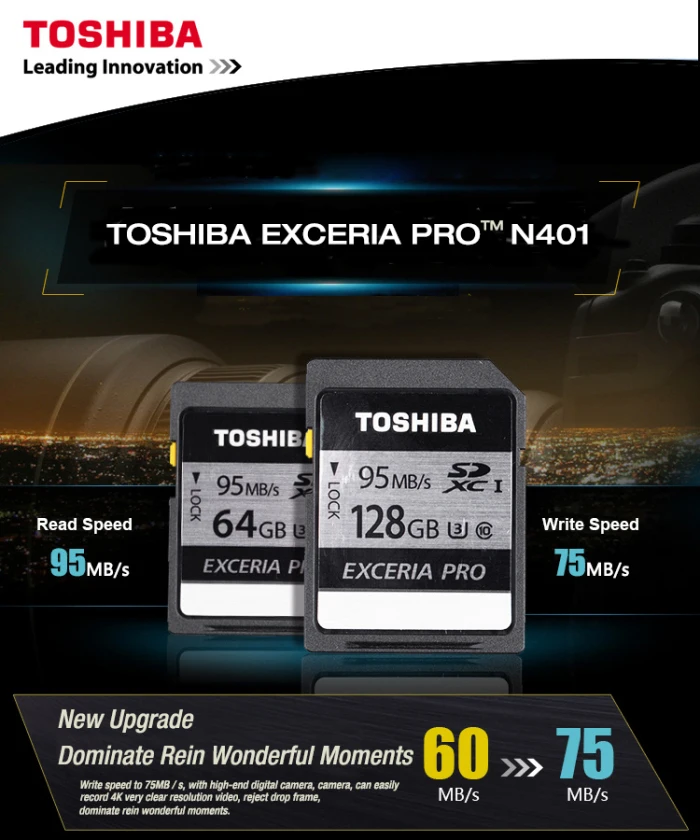 TOSHIBA EXCERIA PRO N401 слот для карт памяти до 95 МБ/с., объемом памяти 32 Гб или 64 ГБ sd-карта class 10 для цифровых фотоаппаратов с защитой от краж