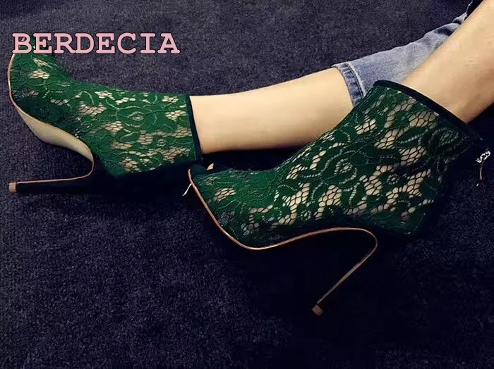 Unique design green lace hollow out boots peep toe stiletto heel ankle boots fashion female dressing  party stage sexy shoes