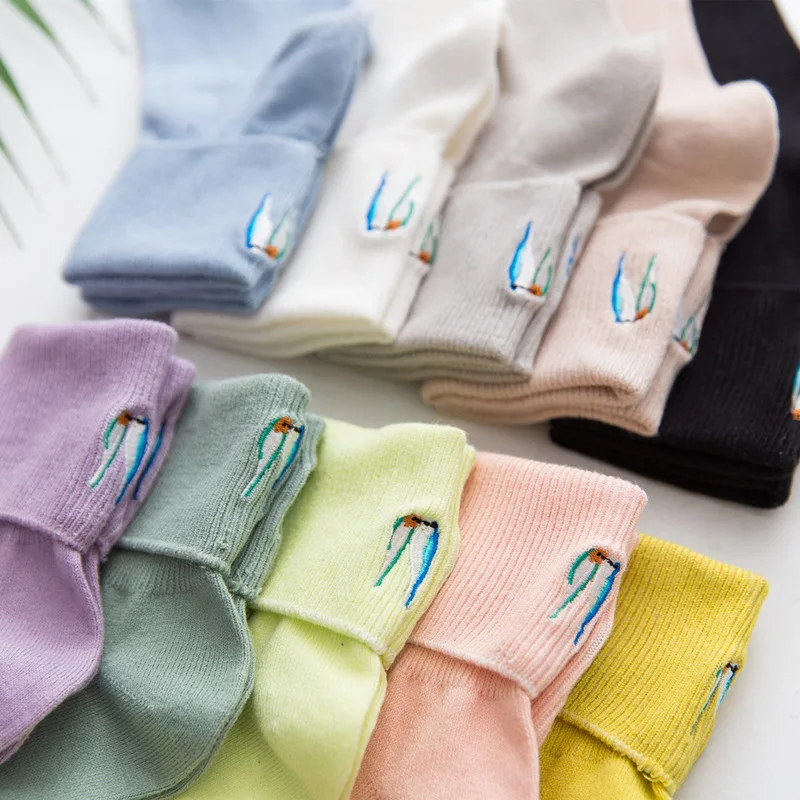 

Socks Women Bird Embroidery Pile Funny Socks Harajuku Japanese Korean Version Female Solid Color Tube Socks Candy Color Socks
