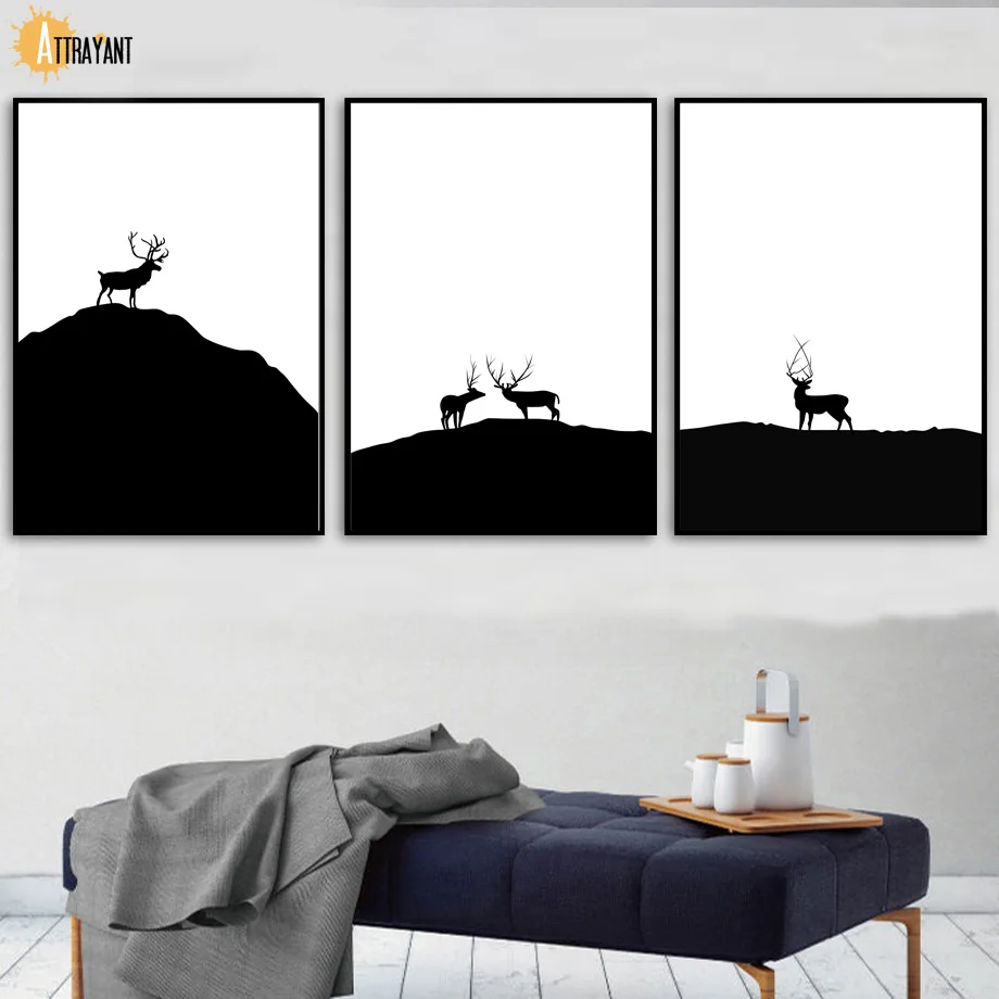 

Black White Abstract Deer Mountain Wall Art Canvas Painting Nordic Posters And Prints Wall Pictures For Living Room Salon Decor