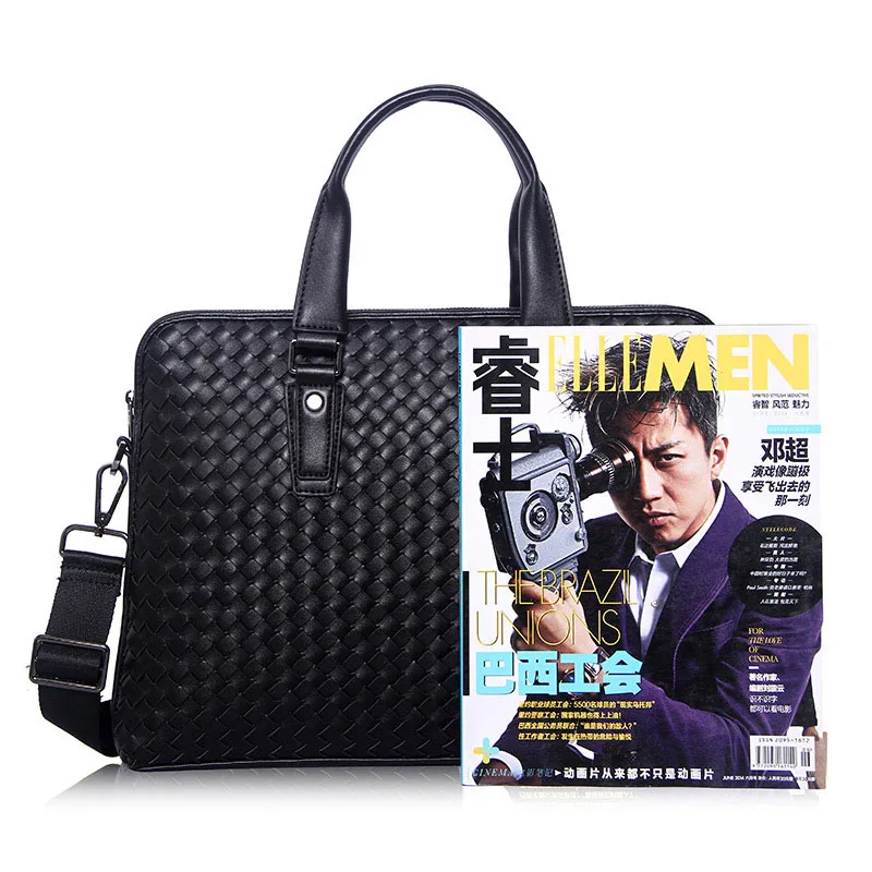 Fashion luxury brand hand-woven soft surface business Men laptop handbags cross section square Genuine Leather shoulder bags