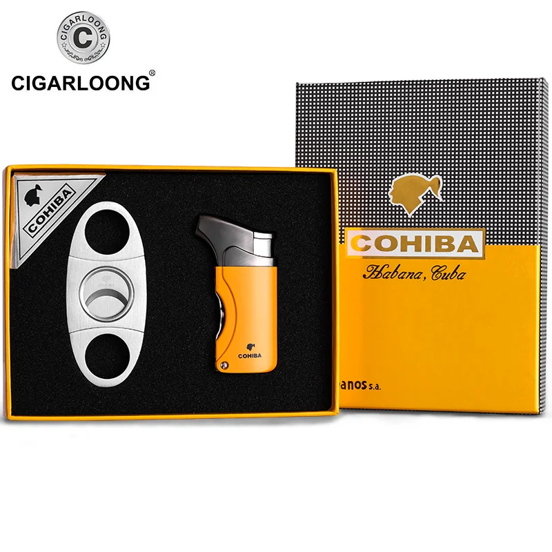 

COHIBA Windproof 1Torch Jet Flame Cigarette Cigar Lighter W/ 2 Cigar Punch Stainless Steel Cigar Cutter Set