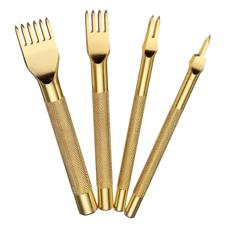 

4Pcs/Set Gold Color Leather Craft Hole Punch Tools 4mm 1/2/4/6 Prong Metal DIY Diamond Lacing Stitching Chisel Set Hand Working