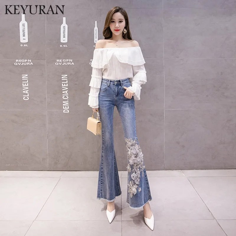New Burr Embroidery Stretch Flare Jeans Women Bell-Bottoms Jeans For Girls Trousers for women Jeans Large Size Fishtail pants