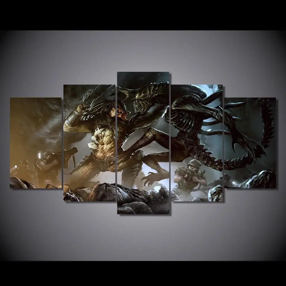 

Print 5 panels alien predator battle canvas painting poster picture modern home decor wall art painting /PT1637
