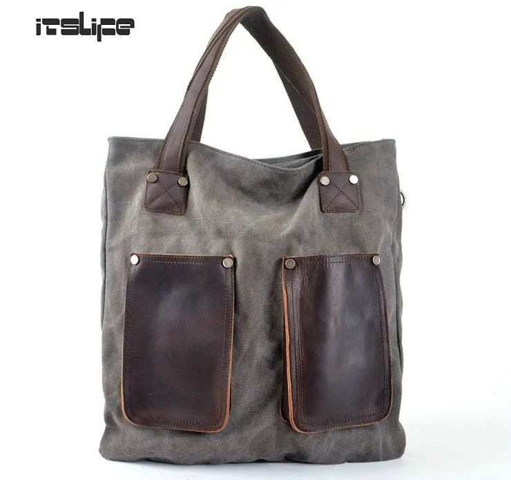 

New Brand High Quality Vintage Casual Canvas Crazy Horse Genuine Leather Women Men Big Tote Handbag Shoulder Bag Shopping Bags
