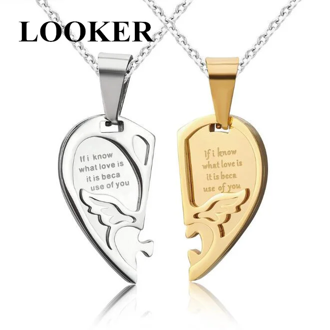 

LOOKER Promise 2pcs/lots Angel Wing Heart Necklace & Pendant Wholesale Titanium Steel Couple Jewelry For Men Women