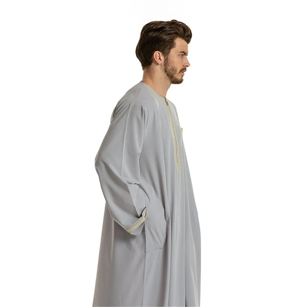 

Retro Chinese Men Robe Long Sleeve Cotton Full Length Islamic Arab Kaftan Clothes Muslim Costume Ethnic 4.13