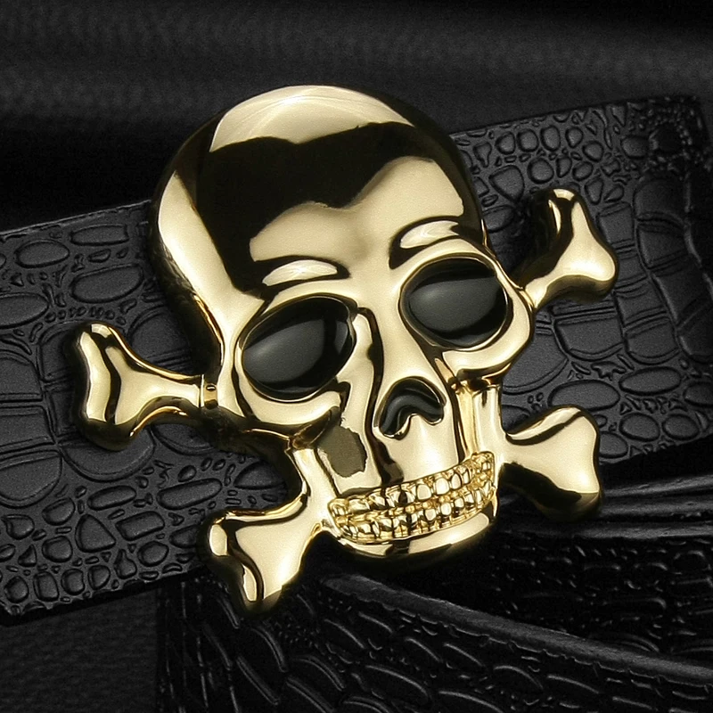 

High Quality Skull buckle luxury belts mens Pirate Crocodile Grain designer wide belts Cowskin genuine leather cintos masculinos
