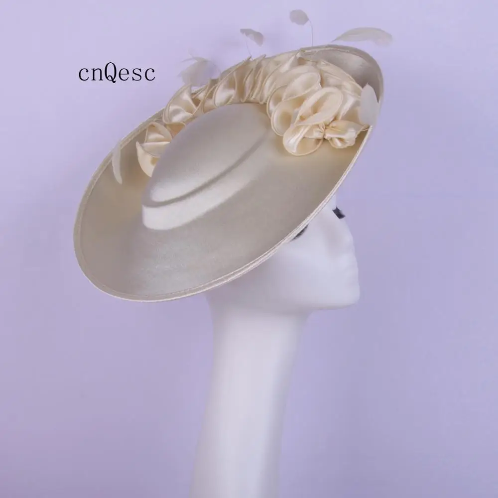 

2019 Nude beige satin fascinator feather headpiece Kentucky Derby wedding races bridal shower mother of the bride w/feather