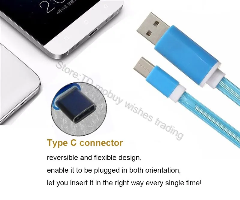 1 м/1 метр светодиодный плоский USB Type C кабель для быстрой зарядки Cabel HTC 10/Ulefone future/Zopo