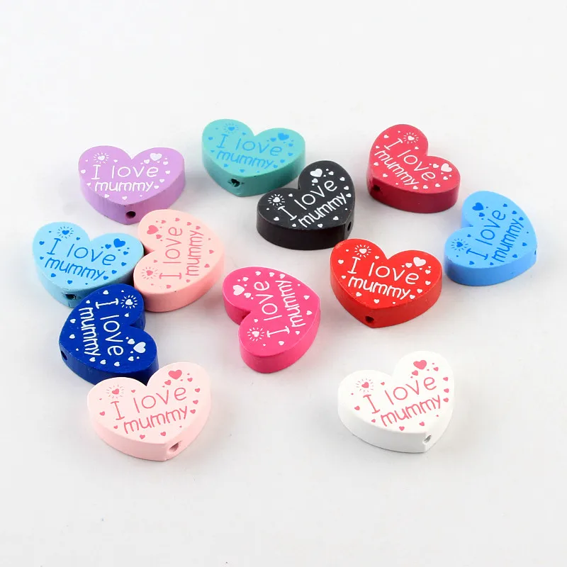 

10pcs/lot Wooden DIY (I love mummy) Heart-Shaped Wooden Beads For Children's Toys & Pacifier Clip Spacer Beads