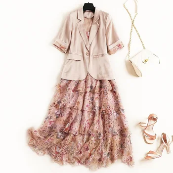 

Women one button short sleeve blazer suit spaghetti strap chiffon ruffles floral dress two piece set new 2019 summer