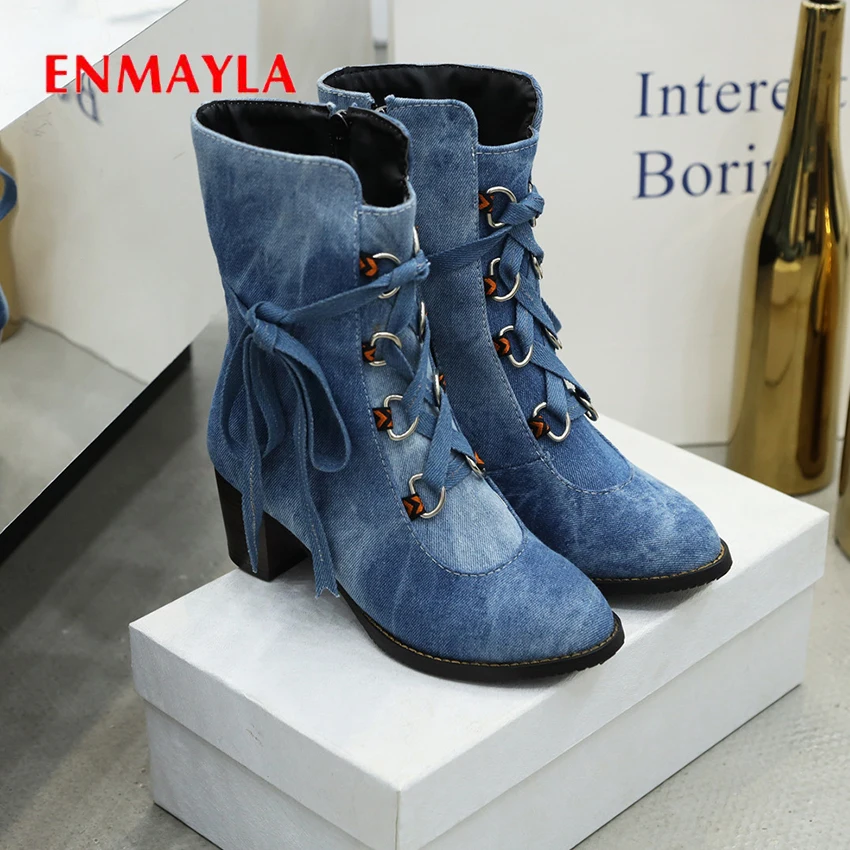 

ENMAYLA Short Plush Ankle Boots for Women Denim Women Boots Zip Western Pointed Toe Rubber Square HeelWinter Boots Cross-tied