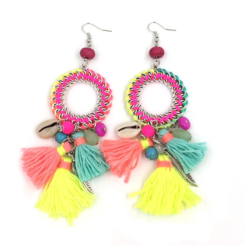 New Ethnic Bohemian Dangle Earrings With Cotton Tassel Colorful Summer Style Dream Catcher Earrings