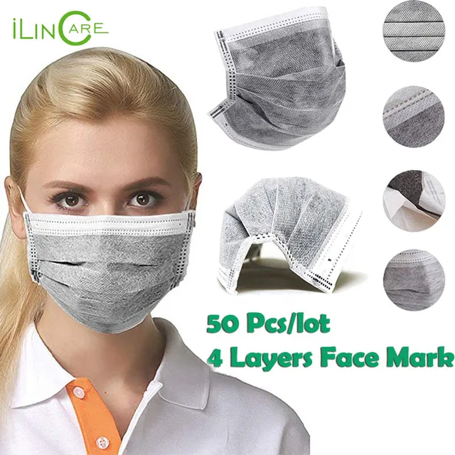 50pcs 4 layer Filter Non Woven Black Activated Carbon Disposable Face
