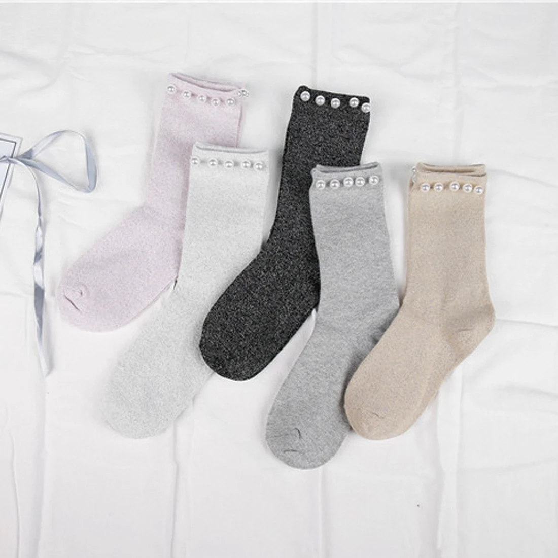 

Pure Cotton Breathable Vintage Glitter Socks Silver Onions Pearl Beading Female Socks Pearl Inlaid Female Socks Hosiery