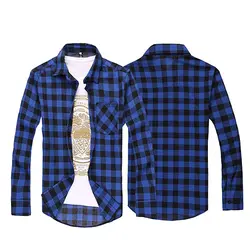 Мужская Мода Повседневная All-матч Plaid Pattern С Длинными Рукавами Slim Fit Верхней Части Рубашки