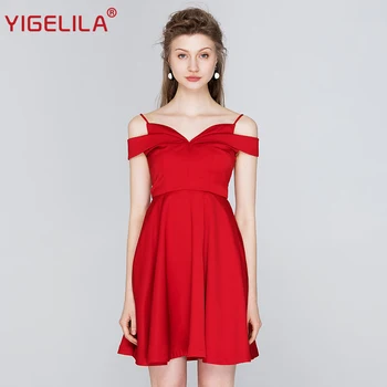 

YIGELILA 2019 Fashion Women Red Spaghetti Strap Party Dress Summer Solid V-neck Empire Slim A-line Above Knee Mini Dress 63538