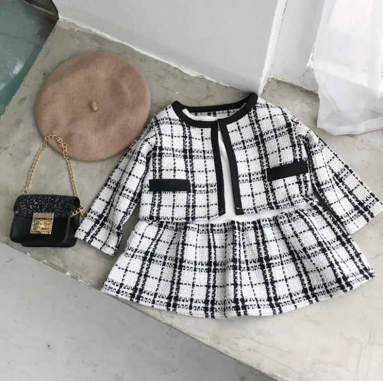 

2019 Baby Girls Fall Formal Lady Plaids Sets, Coat + Long Sleeve Dress 6 sets/lot, Wholesale, Free Shipping