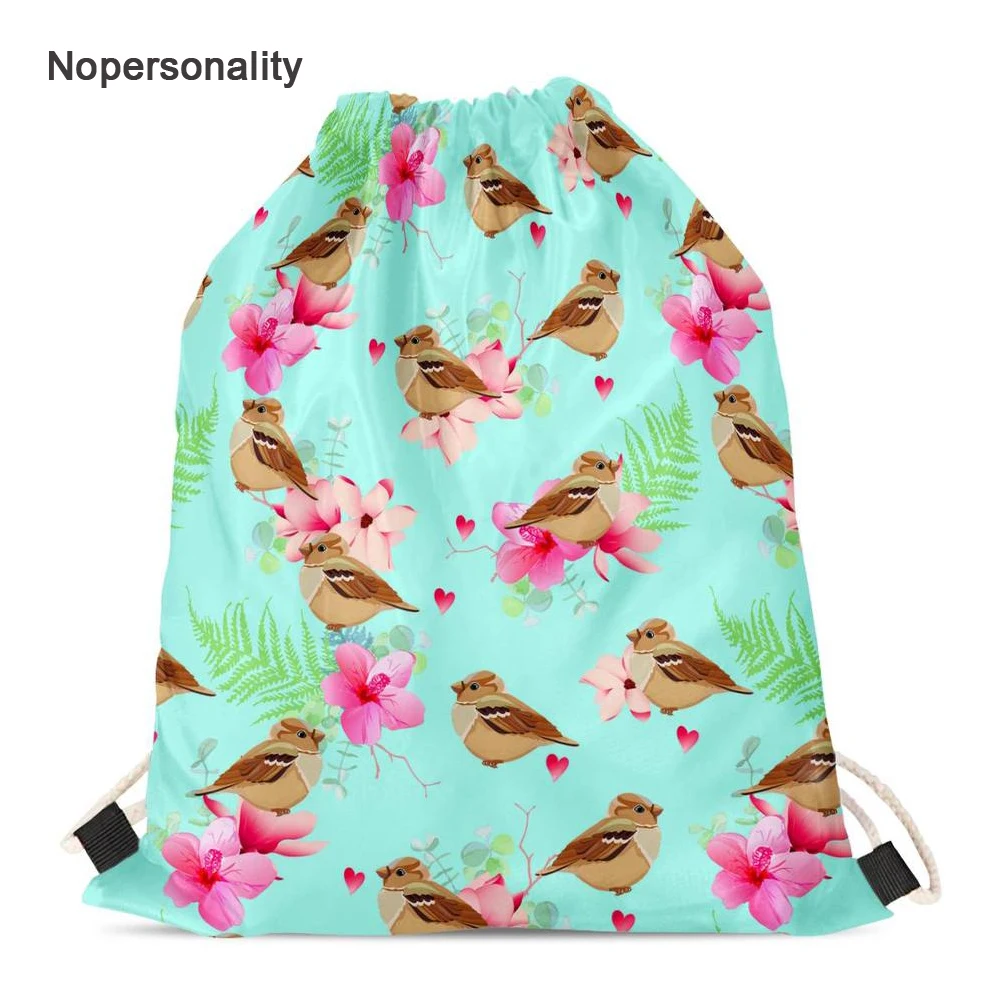 Nopersonality Flower Sparrow Print Travel Storage Bag for Women Lightweight Female Kids Drawstring Bag Beach Backbag