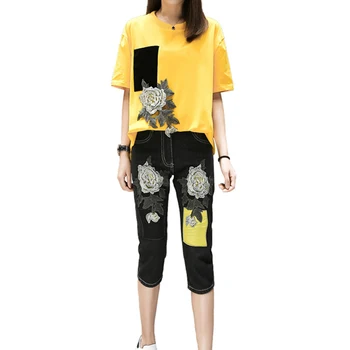 

Plus Size 5XL Women Sporting Suit Summer Casual Loose 2 Piece Tracksuit Sets Female Short Sleeve T-shirts+denim Pants Suit LP376