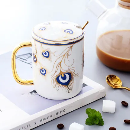 

European-style Golden Man Bone China Coffee Mug Whit Spoon High-grade Hand Painted Outline In Gold Ceramic Breakfast Cup