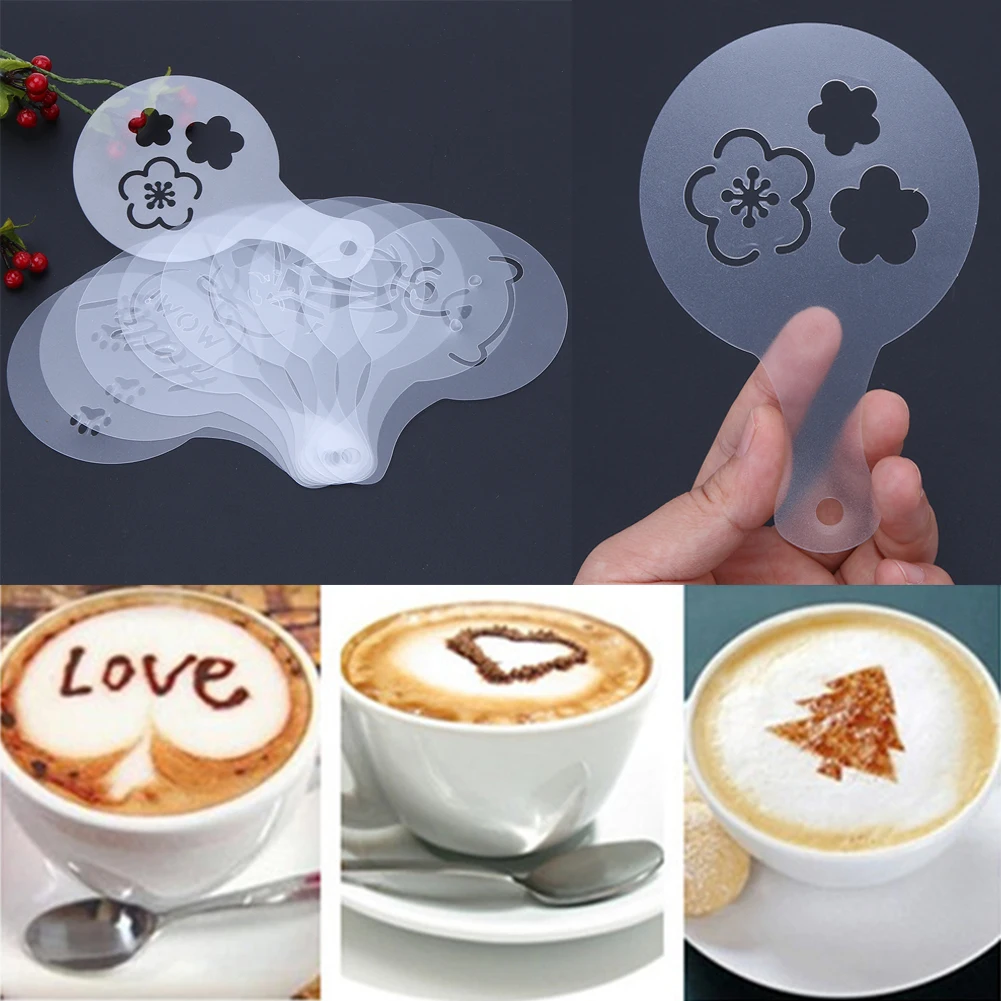 

10Pcs/set Plastic Coffee Latte Cappuccino Barista Art Stencils Flower Pad Cocoa Powder Duster Spray Cake Templates Craft