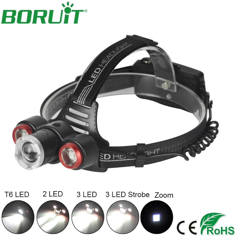 

BORUiT Zoomable LED Headlamp Flashlight Rechargeable Camping Lantern Portable Waterproof Hunting Fishing Head Torch Light 18650