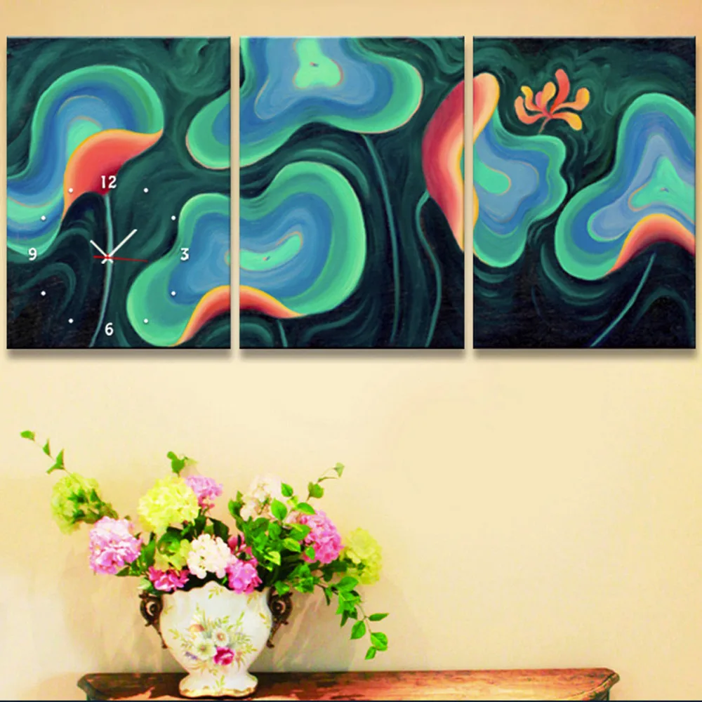 

Free Shipping E-HOME Abstract The Lotus Leaf Clock in Canvas 3pcs wall clock
