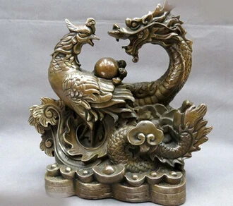 

Antique bronze Pure Copper Brass 11 " China bronze cobre esculpido lucky dragon phoenix escultura