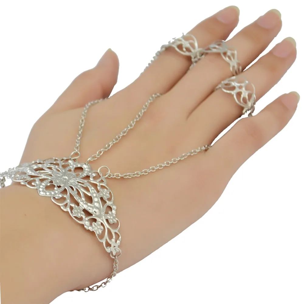 

Indian Jewelry Silver Metal Carved Flower Hand Bracelet Slave Chain Link Finger Chain Bohemian Summer Beach Party Gypsy Jewelry