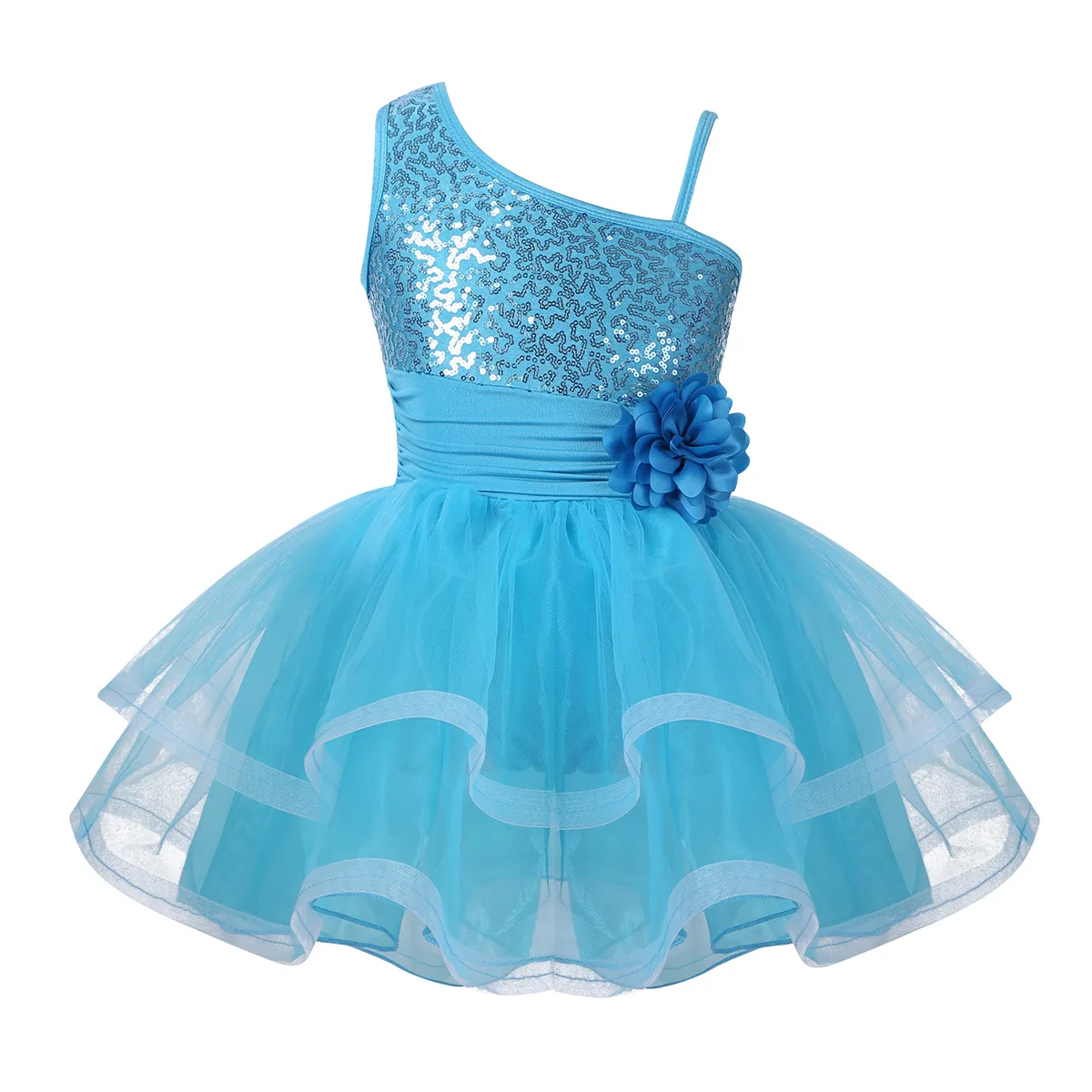 IEFiEL/балетное платье-пачка с одним плечом для девочек гимнастическое трико для девочек, танцевальный костюм балерины с блестками танцевальное платье - Цвет: Light Blue