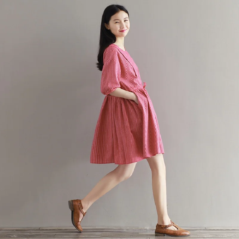 

Mori Girl Summer Women Cute Mini Dress Round Neck Red Stripe Female Vestidos Half Sleeve Casual Loose String Robe Dress M-2XL