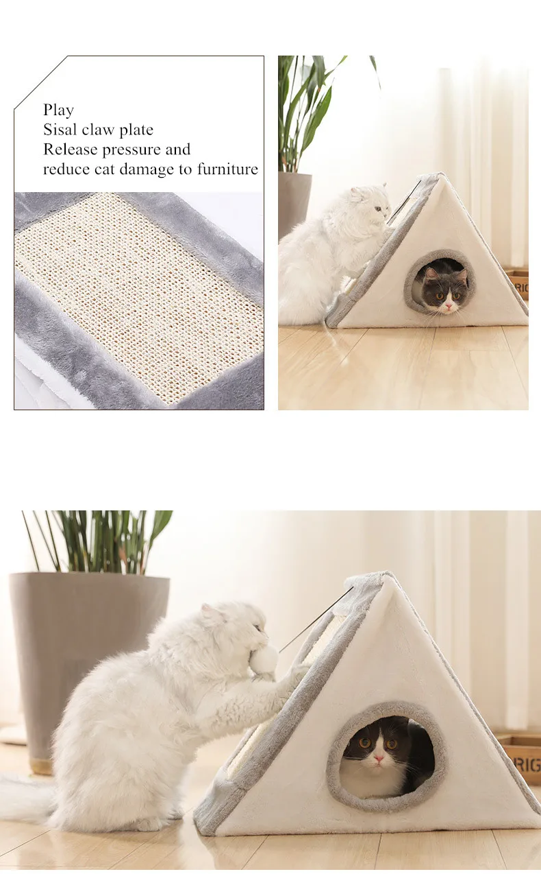 Collapsible Pet Cat House Warm Soft Pet Bed Cute Sandwich Shape Cat Cave Bed Furniture with Scratch Board For Cats House (5)