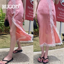 RUGOD Женская однотонная кружевная юбка в стиле пэчворк с завышенной талией, тонкая повседневная юбка с разрезом, Новое поступление года, летняя модная Женская Корейская