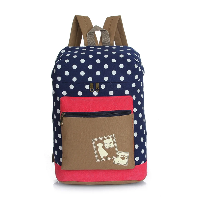 2015 Fashion Students Oversize Bag Backpack Women Girl Canvas Rucksack Polka Dot Backpack School Book Barrel
